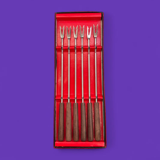 Mid Century Teak Fondue Forks – Vintage  Set of 6 in Box