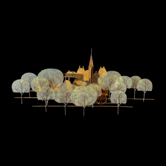 Signed Curtis Jere Brutalist Metal Wall Sculpture – Church Village & Tree Scene
