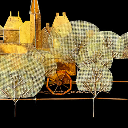 Signed Curtis Jere Brutalist Metal Wall Sculpture – Church Village & Tree Scene