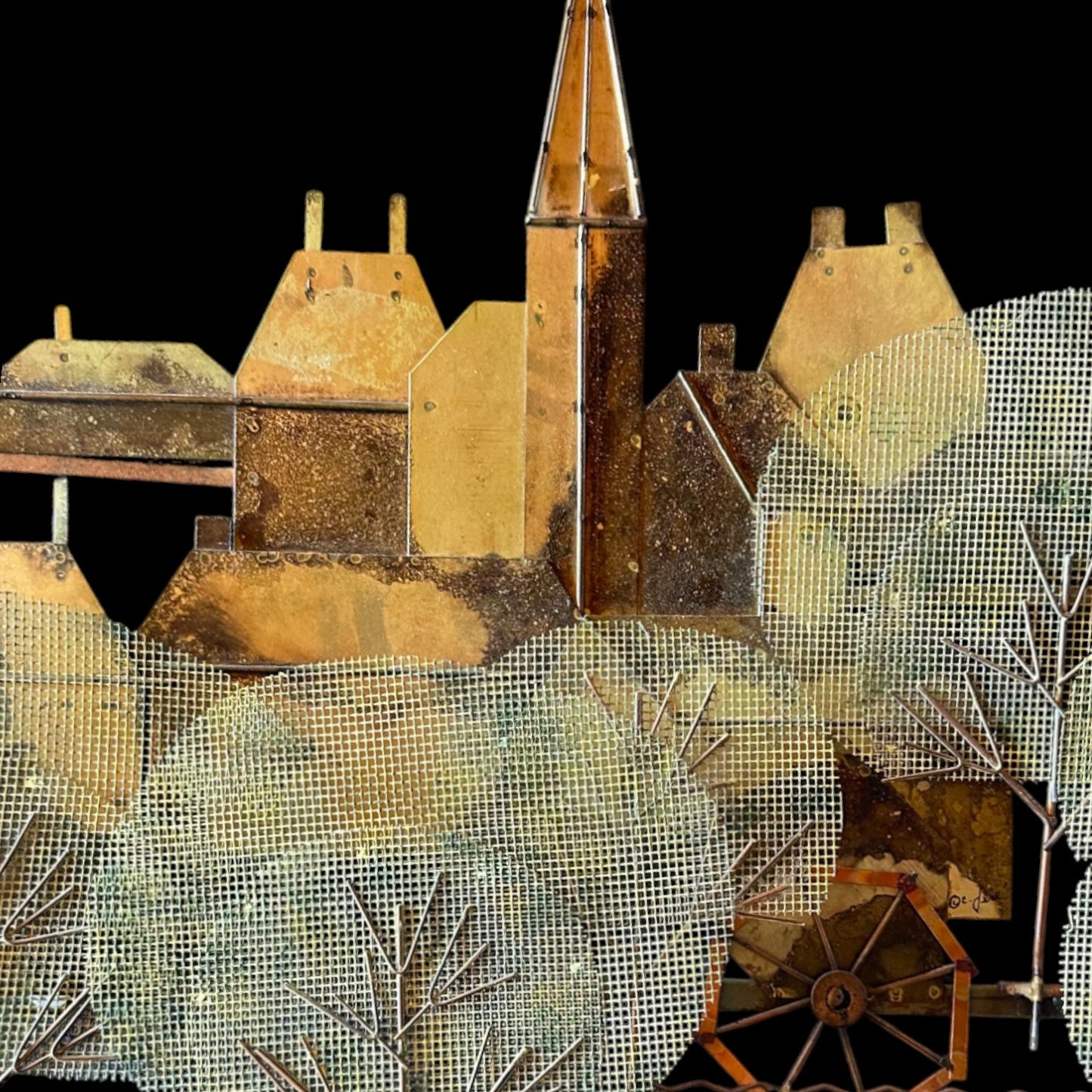Signed Curtis Jere Brutalist Metal Wall Sculpture – Church Village & Tree Scene