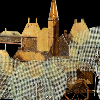 Signed Curtis Jere Brutalist Metal Wall Sculpture – Church Village & Tree Scene