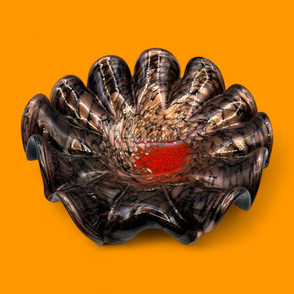 Vintage 1970s Murano Art Glass Bowl – Brown, Black & Red Decorative Centerpiece
