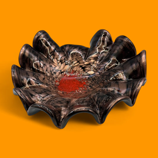 Vintage 1970s Murano Art Glass Bowl – Brown, Black & Red Decorative Centerpiece
