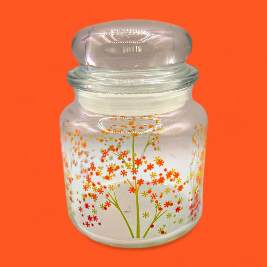 Anchor Hocking Vintage Glass Canister with Lid – Autumn Flowers Design 5.5”