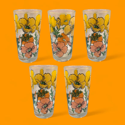 5 Vintage Juice Glasses with Poppy Flowers – Mid-Century Floral