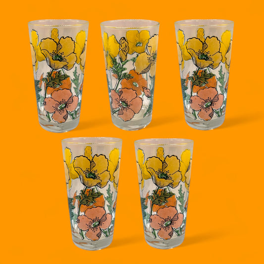 5 Vintage Juice Glasses with Poppy Flowers – Mid-Century Floral