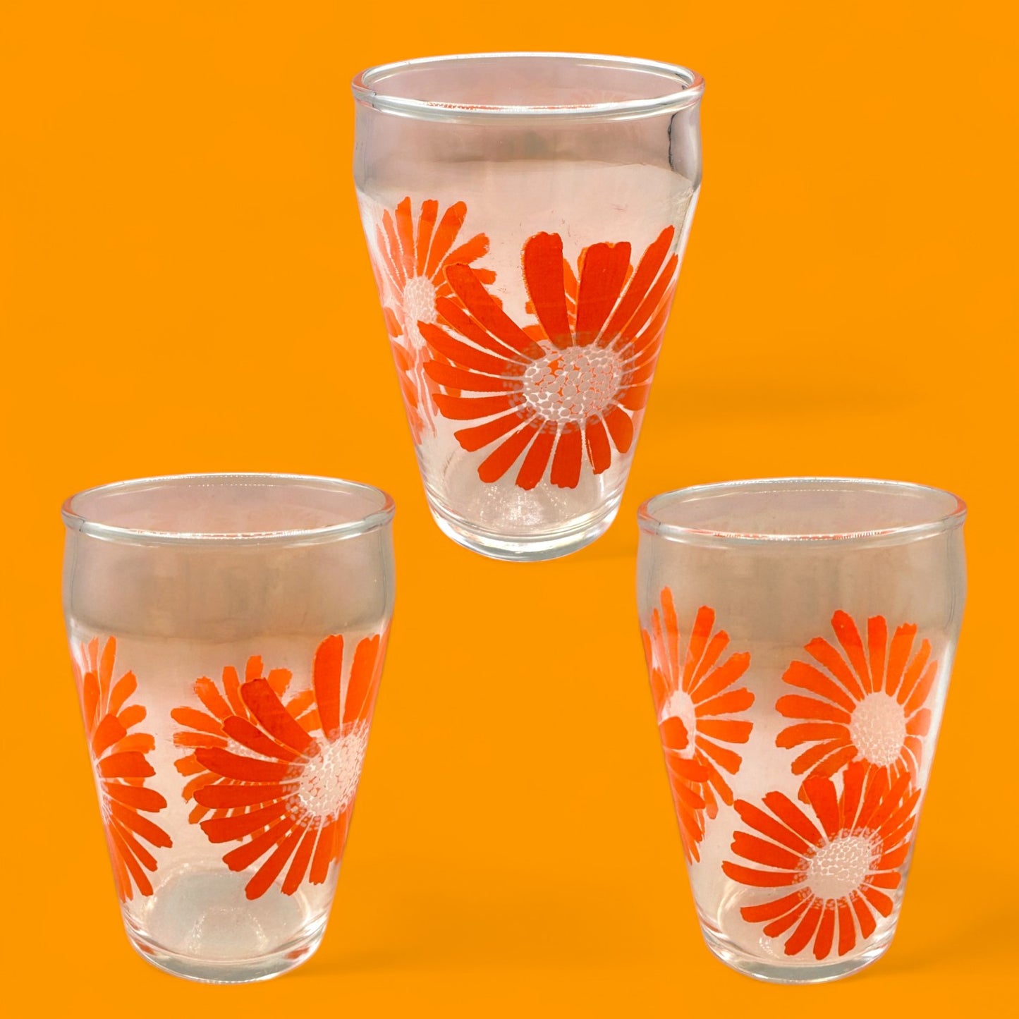 3 Dominion Glass Flower Power Juice Cups – Vintage 60s Orange Floral