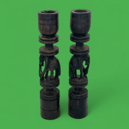 Pair of Hand-Carved African Elephant Candle Holders – Hardwood Tribal Art