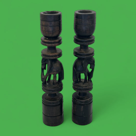Pair of Hand-Carved African Elephant Candle Holders – Hardwood Tribal Art