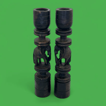 Pair of Hand-Carved African Elephant Candle Holders – Hardwood Tribal Art