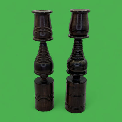 Pair of Vintage Hardwood Candle Holders – Hand-Turned Dark Wood MCM