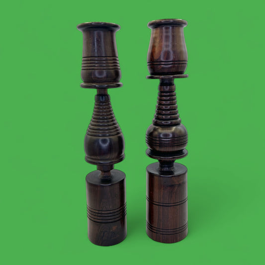 Pair of Vintage Hardwood Candle Holders – Hand-Turned Dark Wood MCM