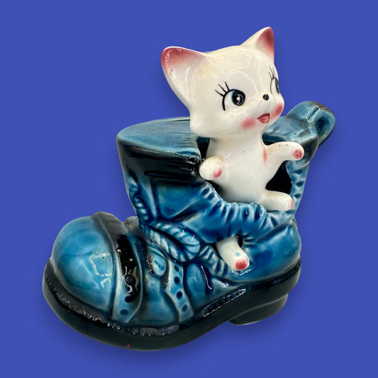 Vintage Cat in Boot Piggy Bank Ceramic Japan 1950s Collectible Figurine