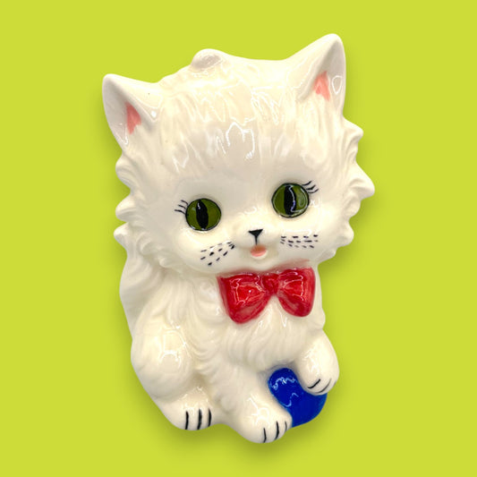 Vintage White Ceramic Cat Figurine with Red Bow and Blue Yarn