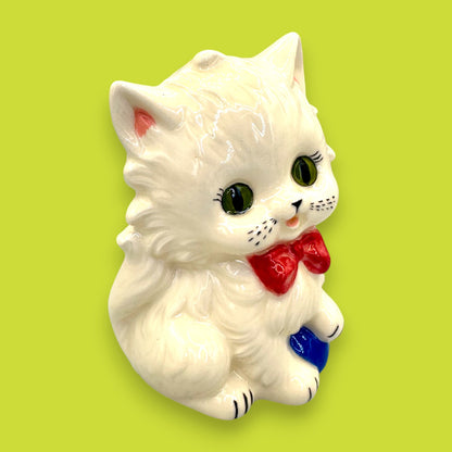 Vintage White Ceramic Cat Figurine with Red Bow and Blue Yarn