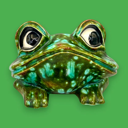 Vintage Arnels Green Ceramic Frog Figurine Cosmic Glaze Mid Century