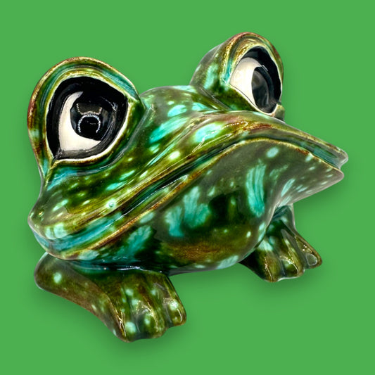 Vintage Arnels Green Ceramic Frog Figurine Cosmic Glaze Mid Century