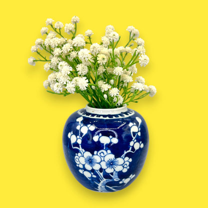 Vintage Hand-Glazed Chinese Floral Vase with White on Blue Motif