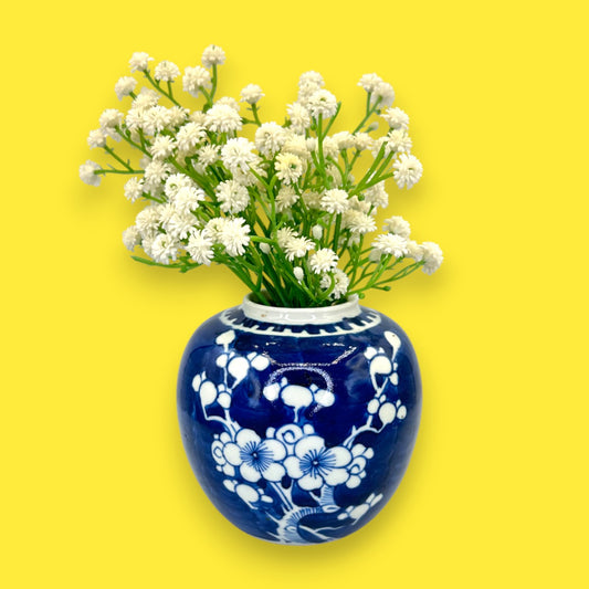 Vintage Hand-Glazed Chinese Floral Vase with White on Blue Motif