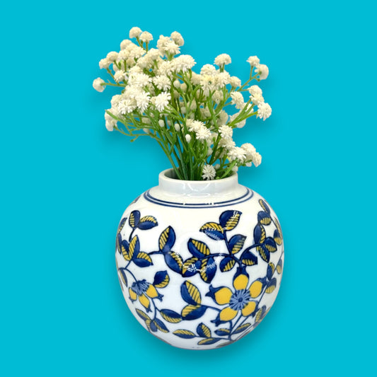 Vintage Hand-Glazed Chinese Floral Vase with Blue & Yellow Motif