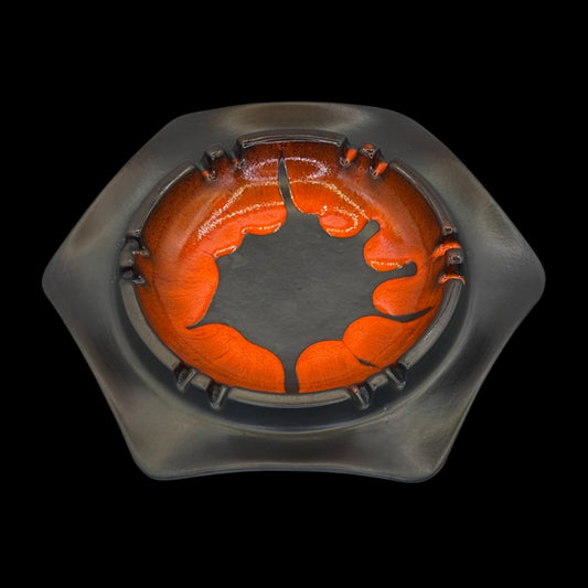 Beauceware Mid-Century Modern Drip Glaze Ashtray – Black & Orange Art Pottery