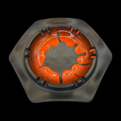 Beauceware Mid-Century Modern Drip Glaze Ashtray – Black & Orange Art Pottery