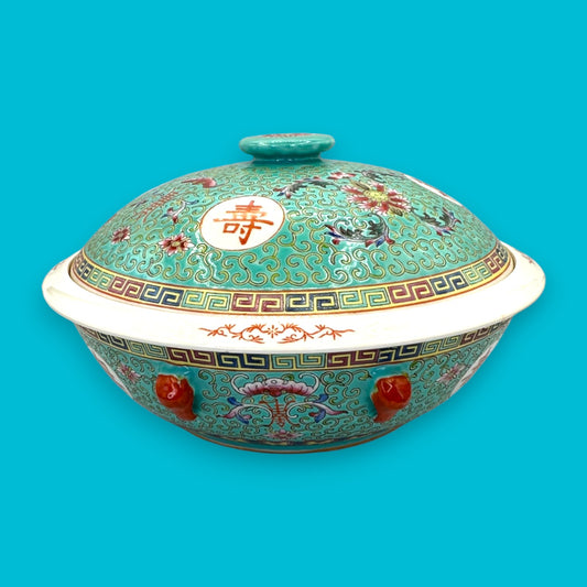 Vintage Chinese Mun Shou Porcelain Soup Tureen – Longevity Pattern Turquoise