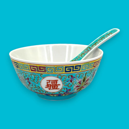Vintage Chinese Mun Shou Porcelain Soup / Rice Bowl + Spoon – Longevity Pattern Turquoise