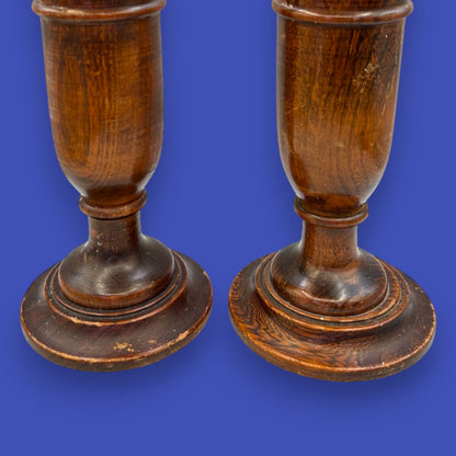 Pair of Antique Wooden Candlesticks - Oak Arts & Crafts 1900-1940