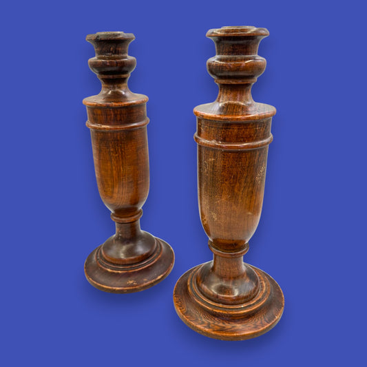 Pair of Antique Wooden Candlesticks - Oak Arts & Crafts 1900-1940