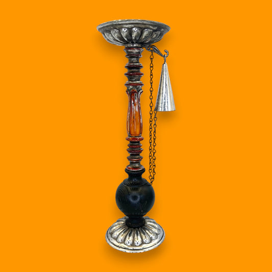 Vintage Dilly Silver Tone Cast Metal Pillar Candle Holder with Chained Snuffer