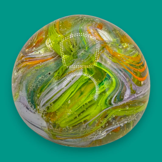 Vintage Green Brown Yellow Red Handblown Glass Swirls Paperweight