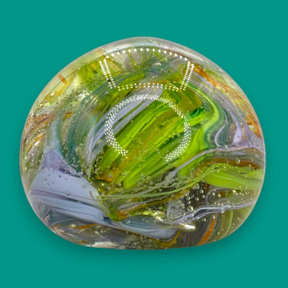 Vintage Green Brown Yellow Red Handblown Glass Swirls Paperweight
