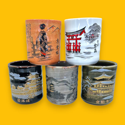 Japanese Teacup Set – 5 Assorted Scenic Ceramic Cups