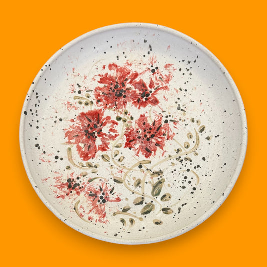 Vintage Stoneware Plate – Hand-Painted Red Floral Design (Five Flowers)