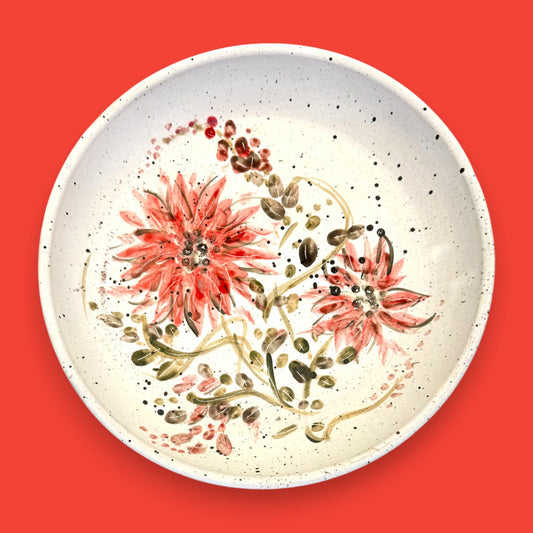 Vintage Stoneware Plate – Hand-Painted Red Floral Design