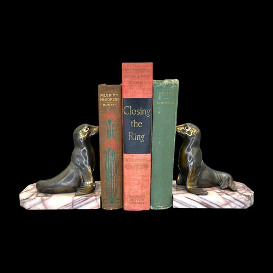Pair of Brass Seal Bookends – Variegated Marble Base – Antique 1930’s Art Deco