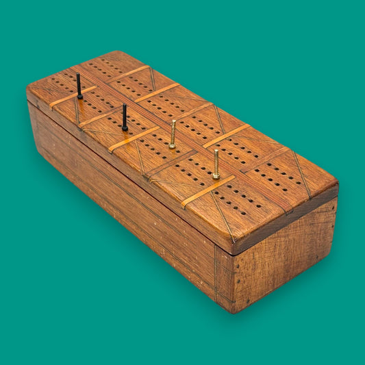 Vintage Inlaid Wooden Crib Board with Card Storage
