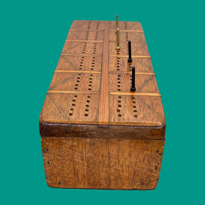 Vintage Inlaid Wooden Crib Board with Card Storage