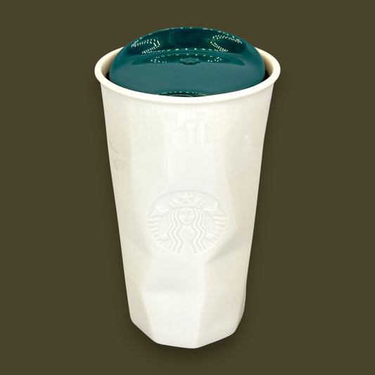 Starbucks White Faceted Ceramic Travel Mug Green Lid - Replacement Mug 10 fl/oz