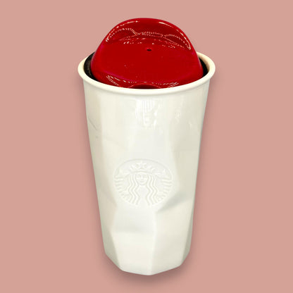 Starbucks White Faceted Ceramic Travel Mug Red Lid - Replacement Mug 10 fl/oz
