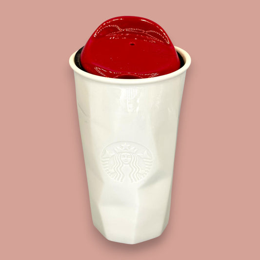 Starbucks White Faceted Ceramic Travel Mug Red Lid - Replacement Mug 10 fl/oz