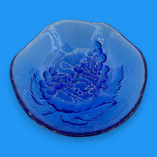 Vintage 1960’s Cobalt Blue Glass Bowl – Grape Motif Decorative Dish