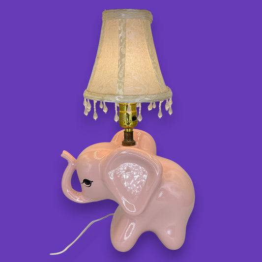 Pink Ceramic Elephant Lamp - Vintage 1980 - With Jeweled Shade