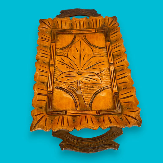Vintage Rustic Carved Wood Tray – Handmade Decorative Folk Art