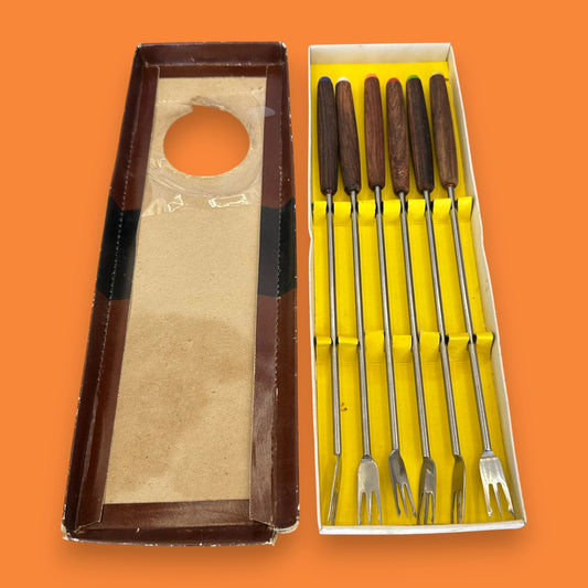 Vintage Teak Handle Fondue Fork Set - Mid Century Modern