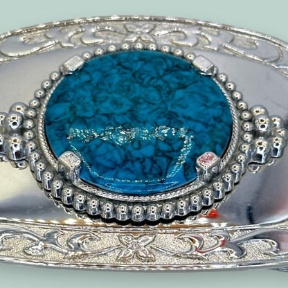 Vintage Western Belt Buckle with Acrylic Turquoise Stone and Engraved Silver Detailing