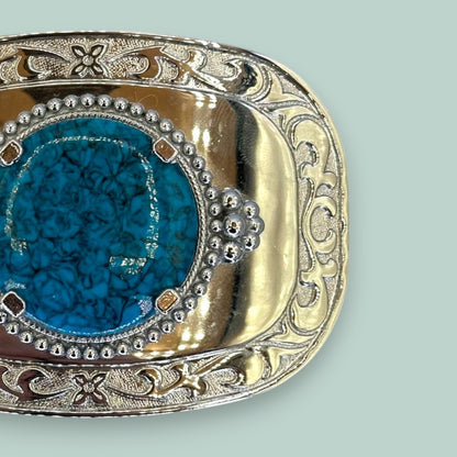 Vintage Western Belt Buckle with Acrylic Turquoise Stone and Engraved Silver Detailing