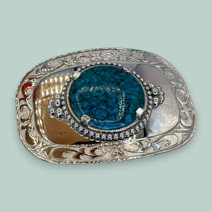 Vintage Western Belt Buckle with Acrylic Turquoise Stone and Engraved Silver Detailing