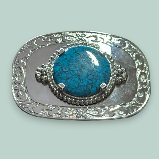 Vintage Western Belt Buckle with Acrylic Turquoise Stone and Engraved Silver Detailing